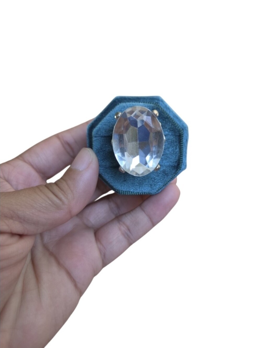 Vintage Size 8 Silver Toned Clear Crystal Oval Statement Ring